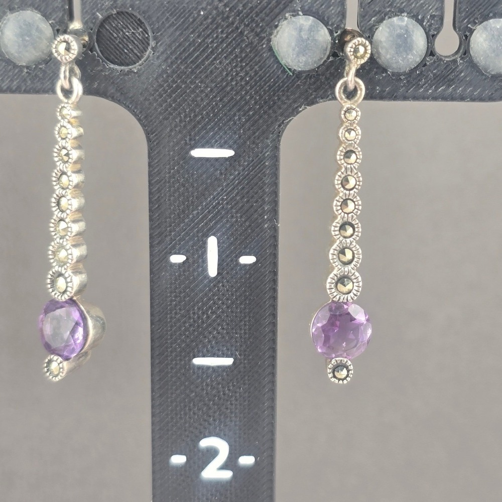 Vintage NF Sterling Silver Marcasite Purple Stone Drop Dangle Earrings 1.5in